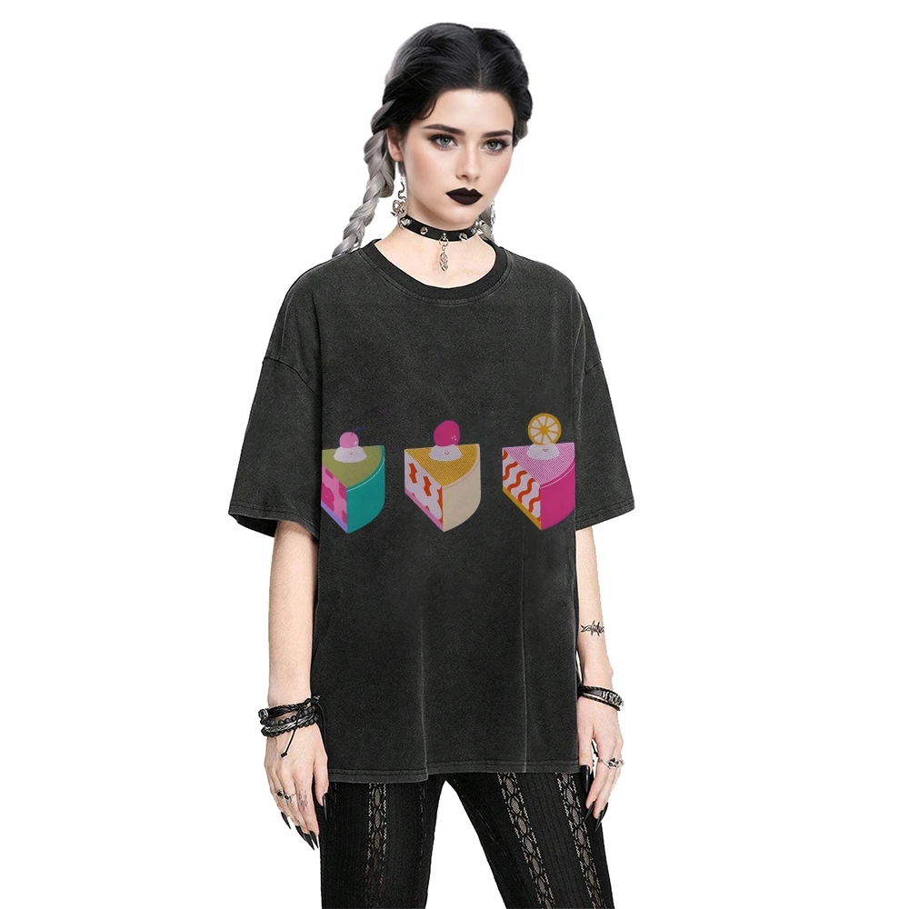 

Gothic Washed Tee Y2K Graphic T-shirt Cake Slices T-shirt 100% Cotton High Quality Oversize Washed Dessert Print Sweet Y2K Vibe