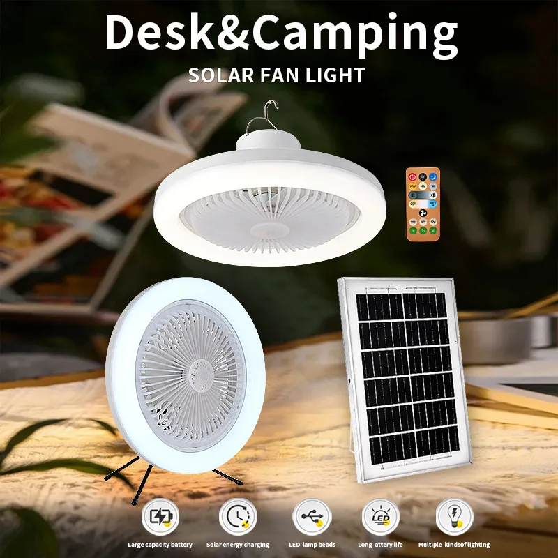 Solar Rechargeable Fan Light, Portable Outdoor Camping Fan Lamp with Stand, 3 Speeds/Modes Desk Light for Tent, USB Fan Light