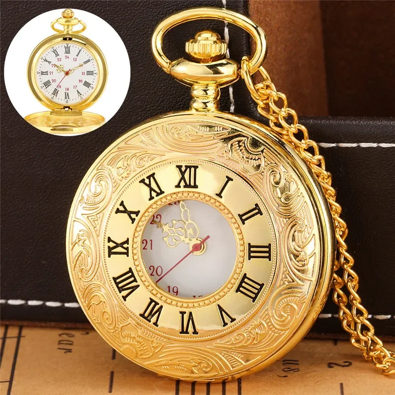 

Luxury Yellow Gold Carving Roman Number Pocket Watch Men Women Quartz Watches Pendant Clock Necklace Chain Relgio de bolso