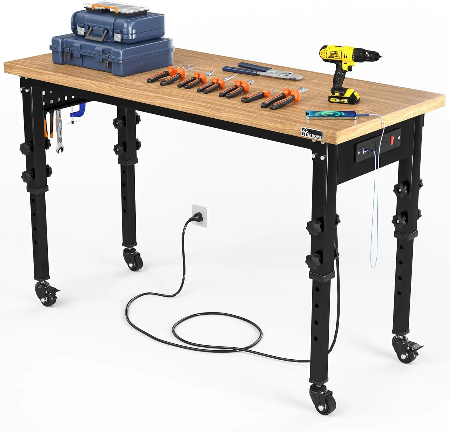 Werkbank 48" L X 20" B Verstellbare Werkbank für Garage mit Stecktafeln und Steckdosen Hochleistungs-Workstation, 1600 Pfund Tragfähigkeit