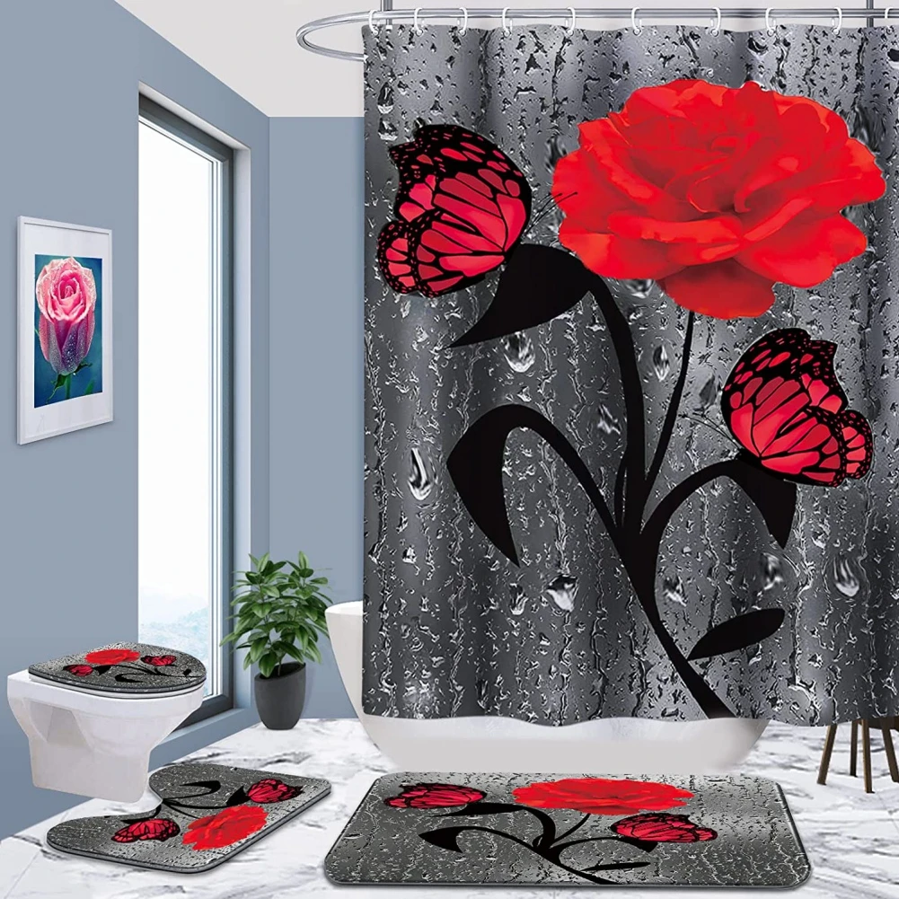 Blooming Flowers Rose Shower Curtain Set Waterproof Bath Curtain Toilet Cover Non-Slip Mat Rug Carpet Home Decor Accessories