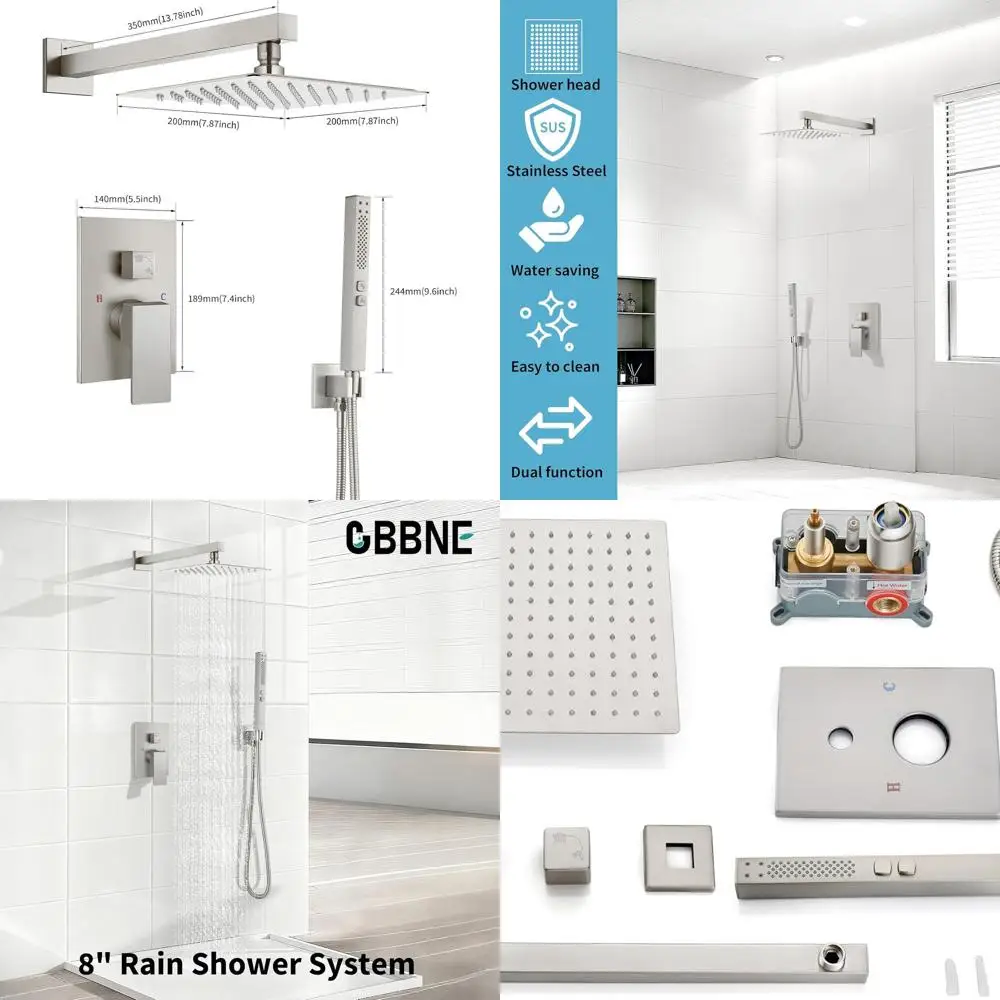 8 Brushed Nickel Rainfall Shower System with Square Head and 2-in-1 Handheld Sprayer