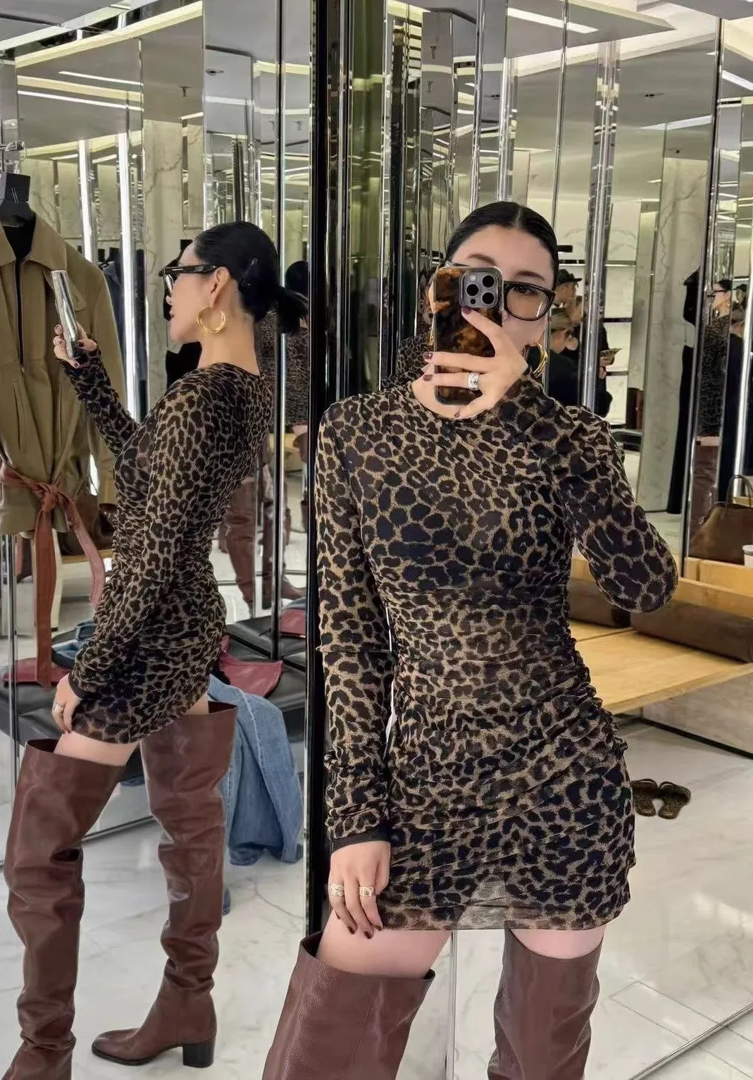 

Sexy Leopard Print Dress 2026 New Spring Women's Fashion Draped Bodycon Short Dress Club Party Wear