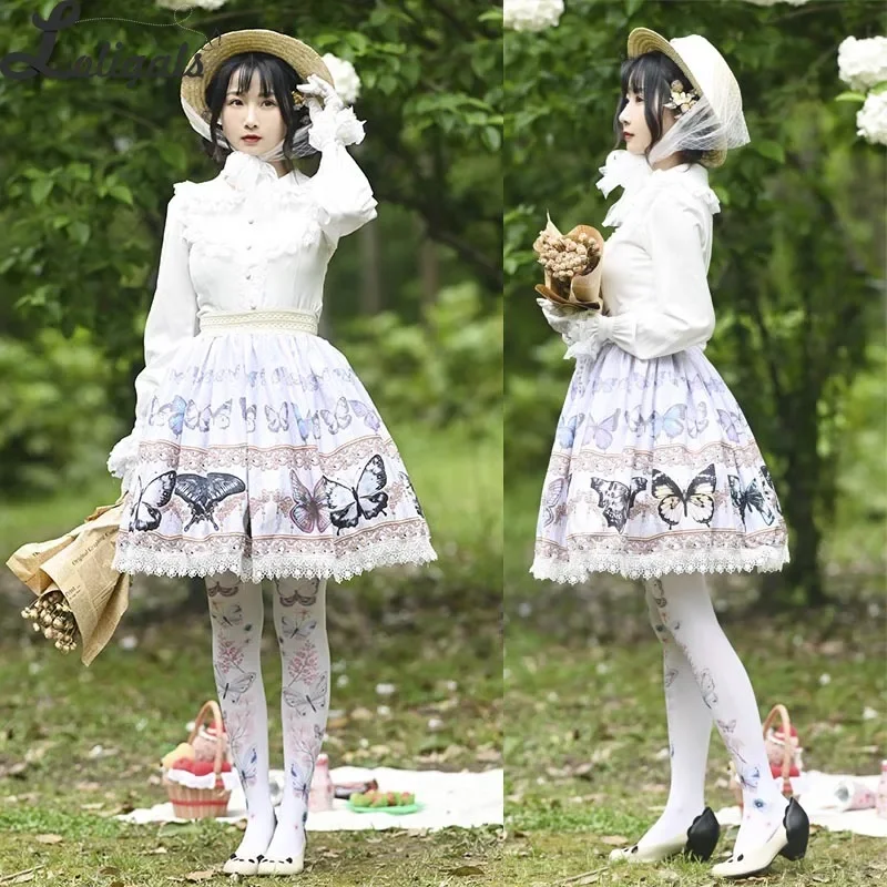 Sweet Butterfly Printed A line Skirt Mori Girl Short Skirt with Lace Trimming