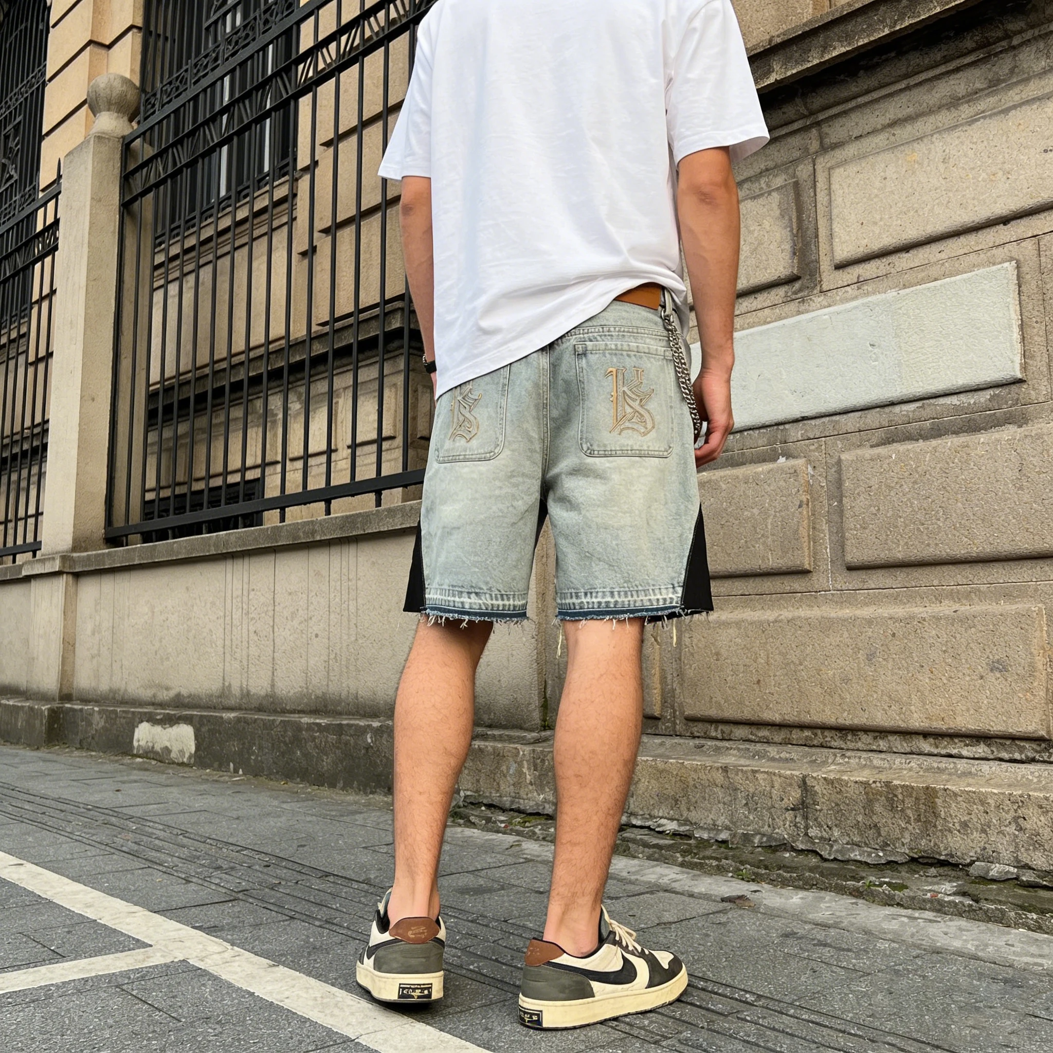 Patchwork Graphics Denim Shorts Hip Hop Retro Grey Streetwear Y2K Jeans Loose Denim Fitness Jean Shorts Couples Women Clothing