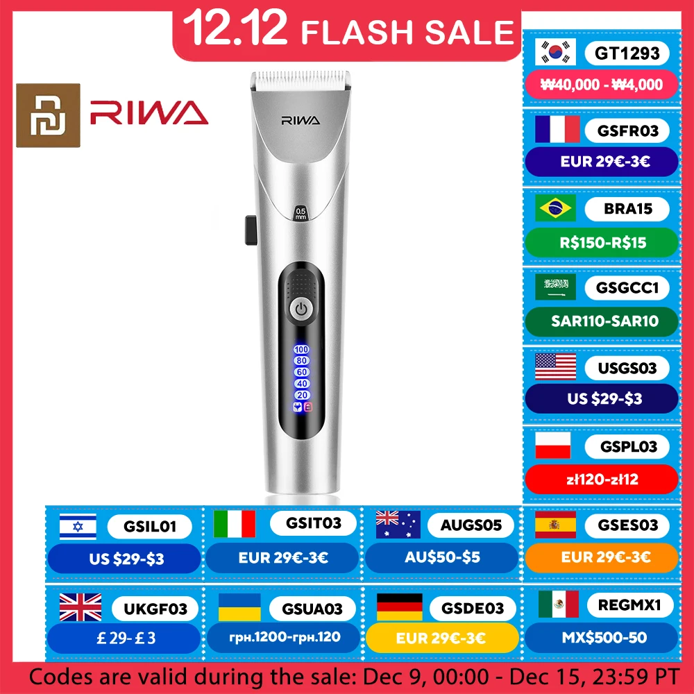 Youpin RIWA Hair Clipper Professional Electric Trimmer For Men With LED Screen Washable Rechargeable Men Strong Power Steel Head