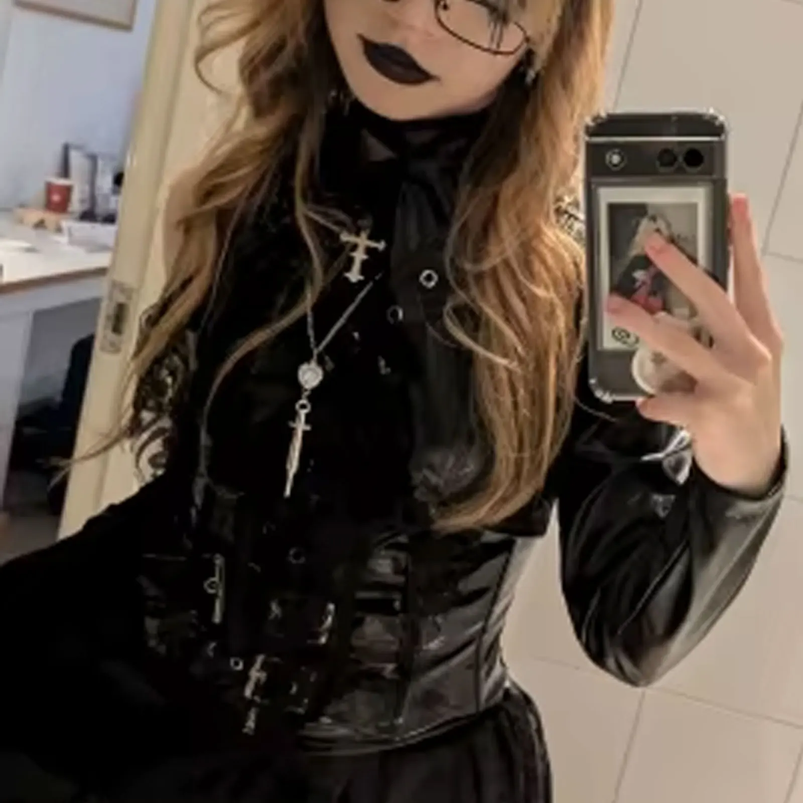 

Women Fashion Punk Style Crop Tops Cool Single Long Sleeve Neck Hanger Leather Belt Connected Tops Streetwear Jackets