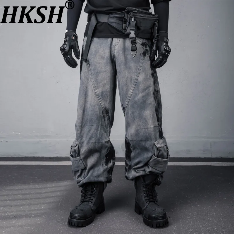 

HKSH Autumn Winter Men Waste Land Style Graffiti Tie-Dye Pleated Brushed Fleece Pockets High Street Wide-Leg Cargo Pants HK16513