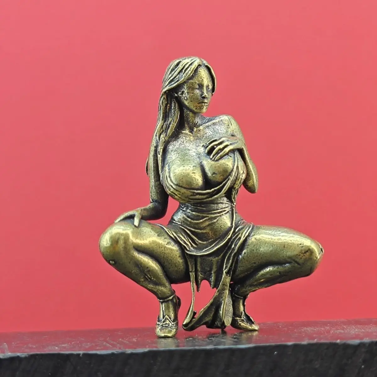 Brass Girl Squatting Pose Miniature Figurine, Handmade Ornament for Home/Tabletop Decor, Collectible Anime Statue