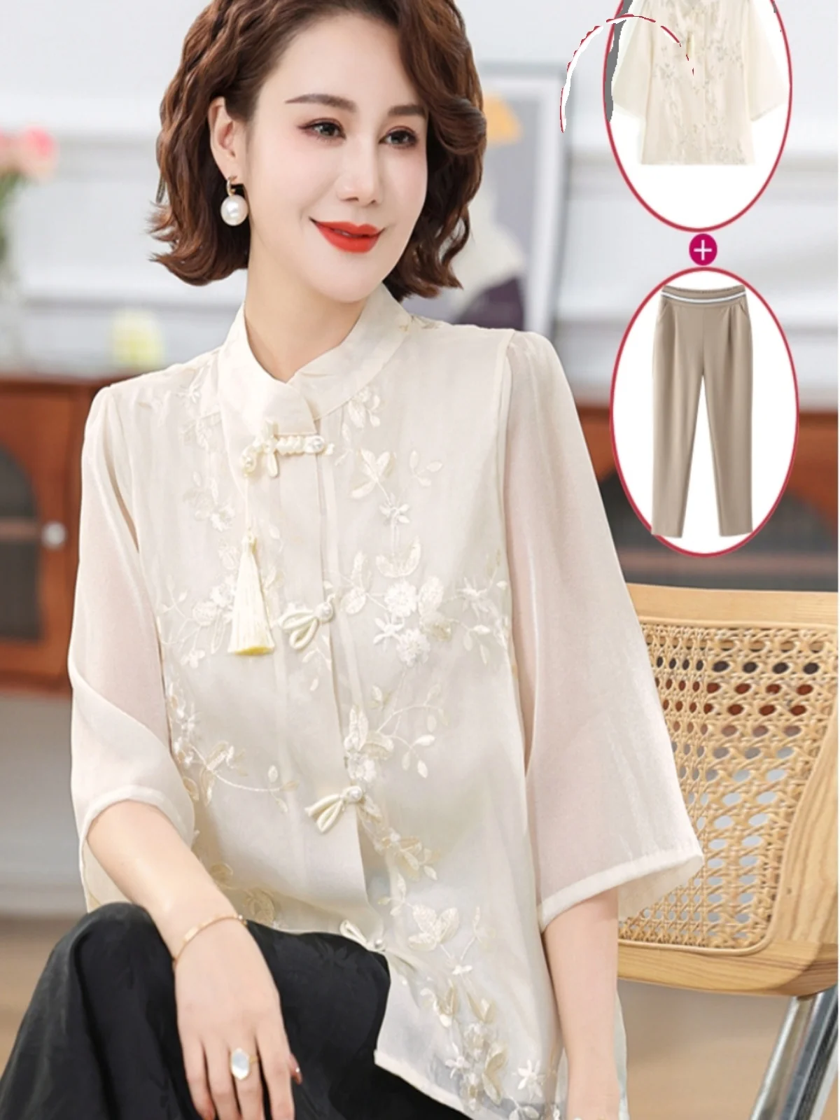 

New Chinese Style Embroidered Tassel Stand Collar Chiffon Shirt Women's Fashion Summer Outfit Anti-Aging Button up Top Set