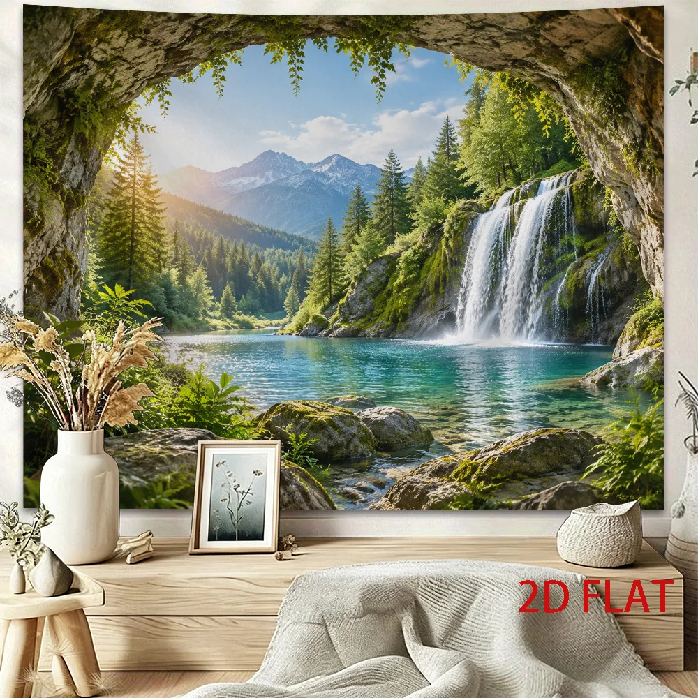 Cave View Waterfall Tapestry,Mountain Forest Turquoise Lake Nature Print, Landscape Tapestry Bedroom Dorm Living Room Wall Decor