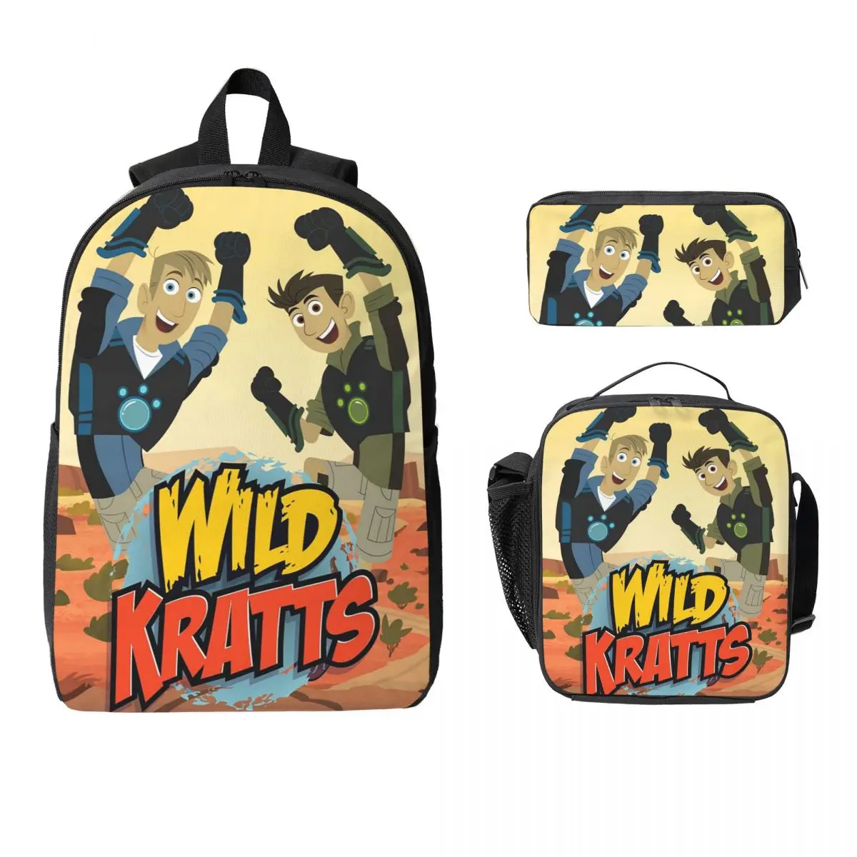 

Рюкзак с узором логотипа Wild Kratts, студенческий рюкзак для мальчиков и девочек, школьная сумка, сумки на плечо для ноутбука, 3 шт., изолированная сумка для обеда, пенал