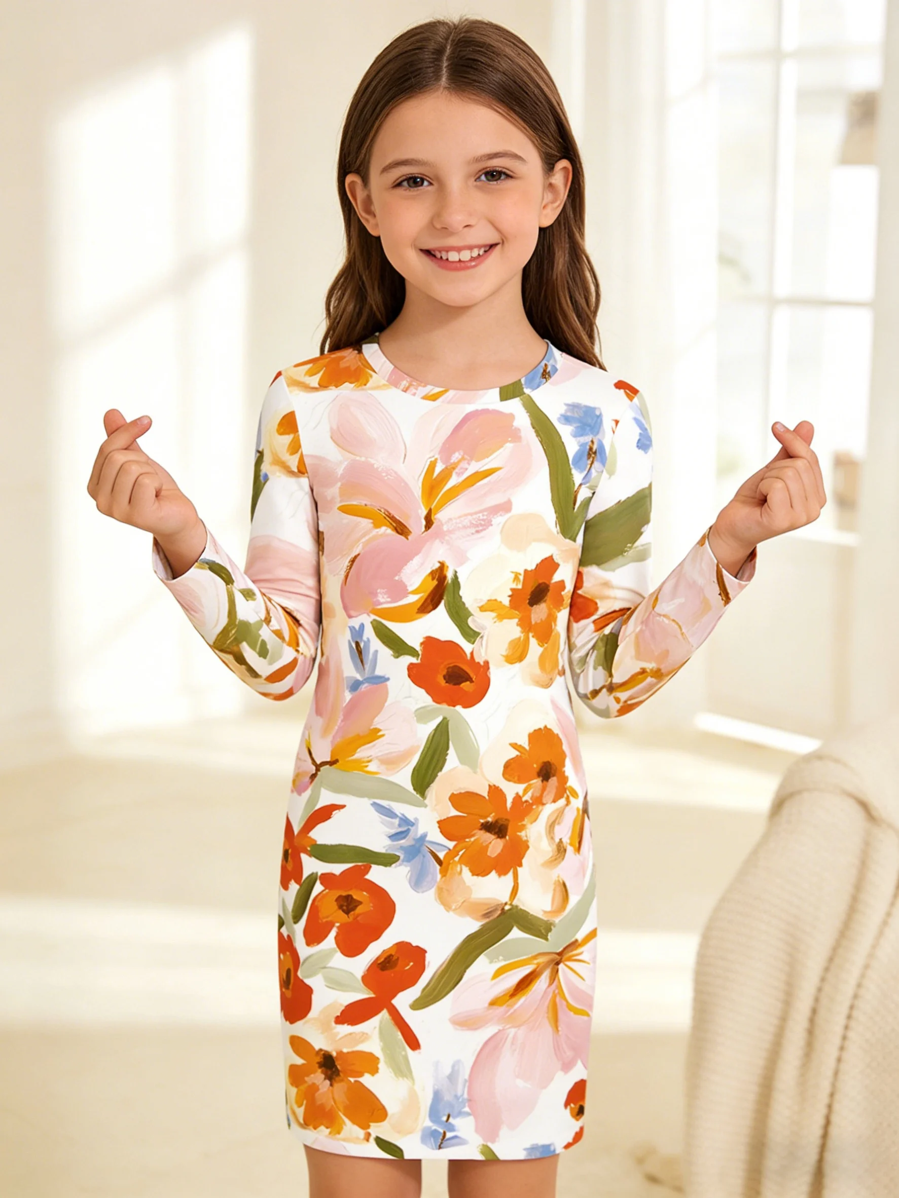 

2026 Girls White Bottom Pink Orange Blue Watercolor Floral Full Print Long Sleeve Slim Fit Dress