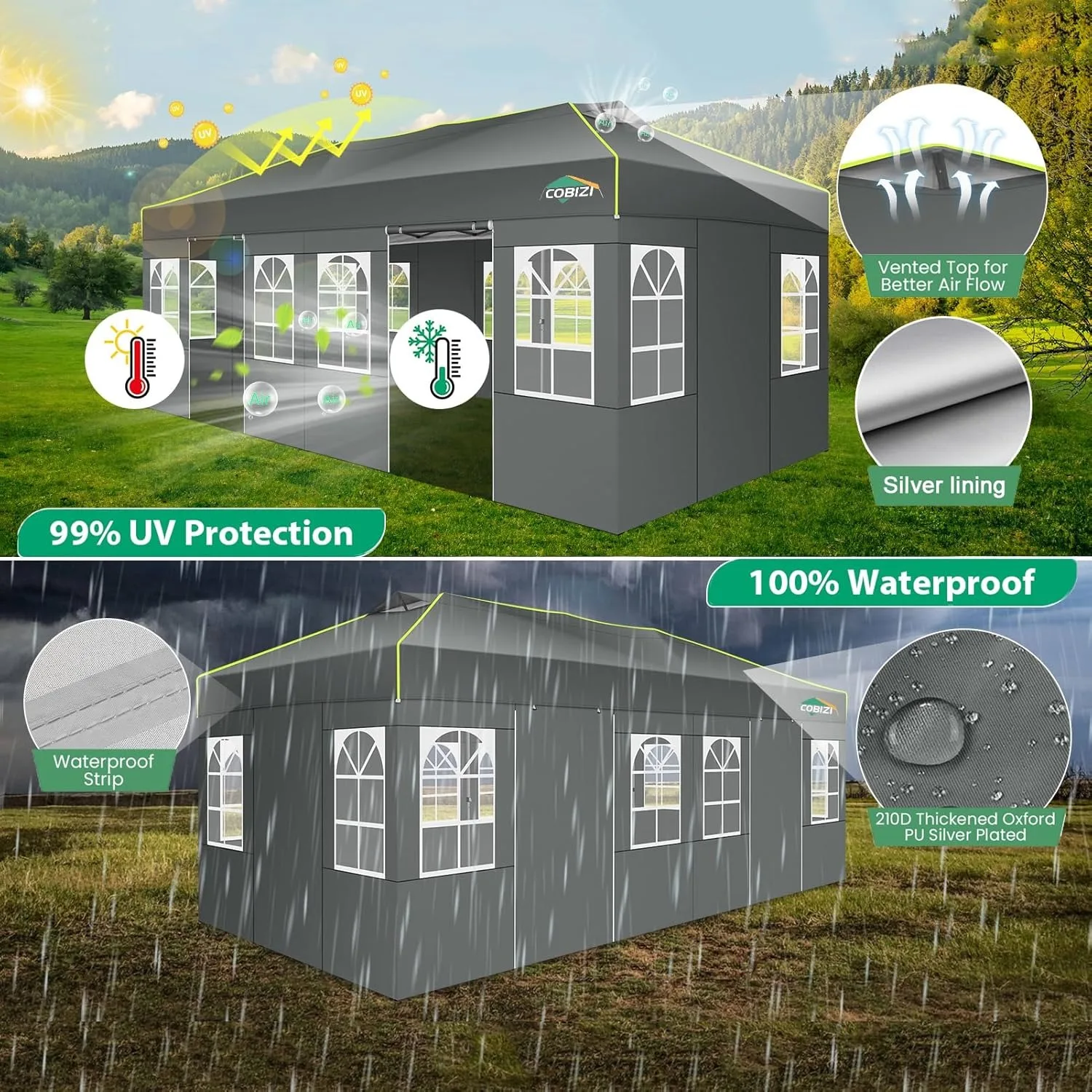 خيمة حفلات بيضاء كبيرة مع جدران جانبية قابلة للإزالة وفتحة تهوية. مثالية لحفلات الزفاف الخارجية وحفلات الحديقة. مقاوم للماء