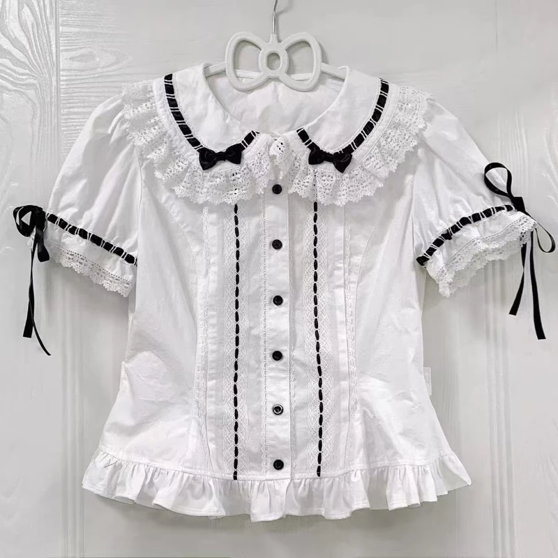 Japanese Kawaii Cute Lolita Style Shirt Women Sweet Lace Ruffles Peter Bow Pan Collar Blouses Girls Harajuku Y2k Chic Inside Top