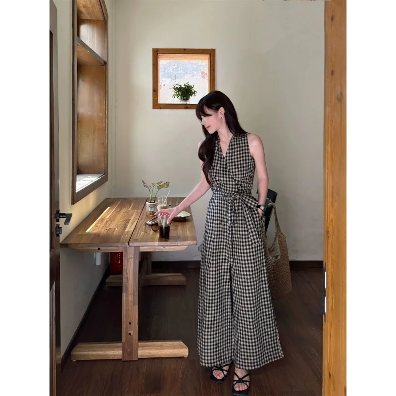 봄과 여름 신상 한국 스타일 니치 디자인 레이스업 홀터 체크 조끼 와이드 레그 캐주얼 팬츠 투피스 세트