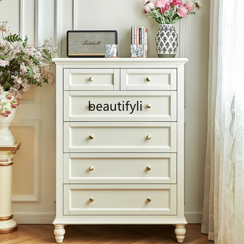 

White Cream Style Chest of Six Drawers American Cherrywood Living Room Bedroom Storage Clothes Closet