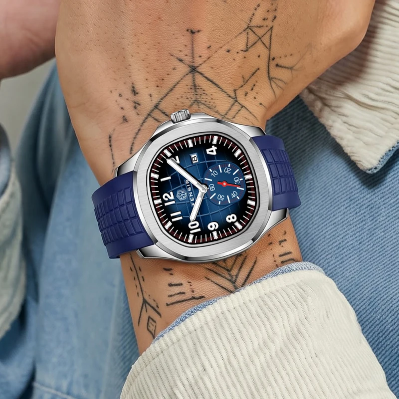 Trendy Men's Business Quartz Watch with Brushed Dial, Rubber Strap, Calendar and Small Second Dial Display, Waterproof, Luminous, Classic Punk Fashion, Casual and Versatile Men's Watch, Suitable as a Gift and for Various Occasions