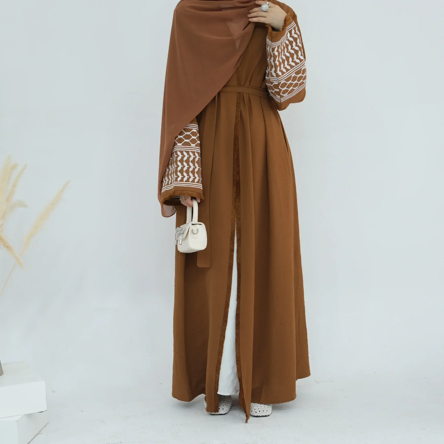 Muslim Women Long Loose Cardigan Dress Islamic Caftan Dubai Middle East Abaya Turkey Embroidered Sleeve Robe