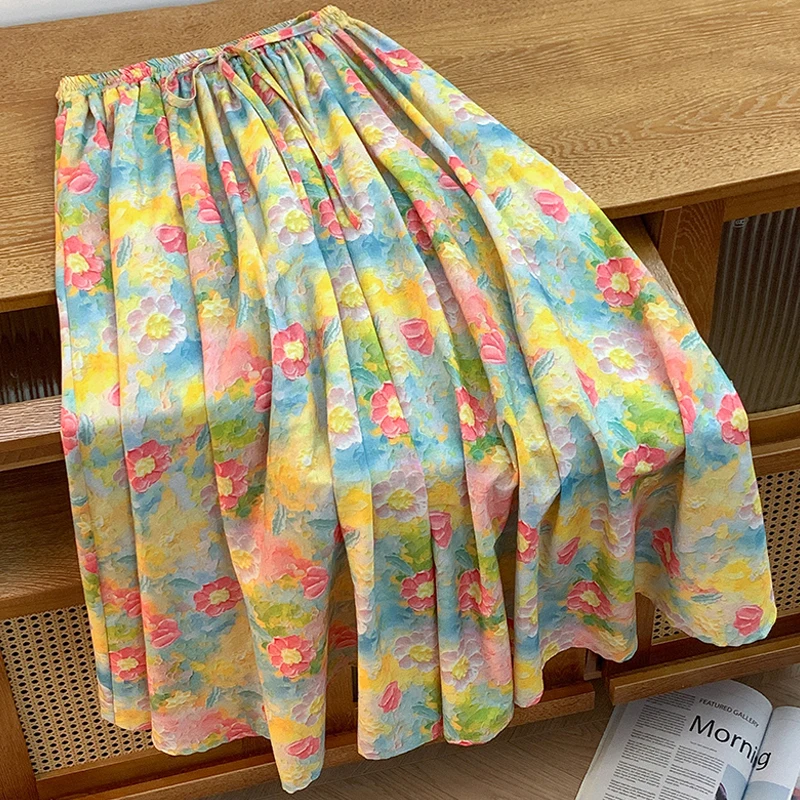 Fashionable Artistic Cotton Print A-Line Skirt Women's Spring Summer Oil Painting Yellow Floral Half-length Skirt