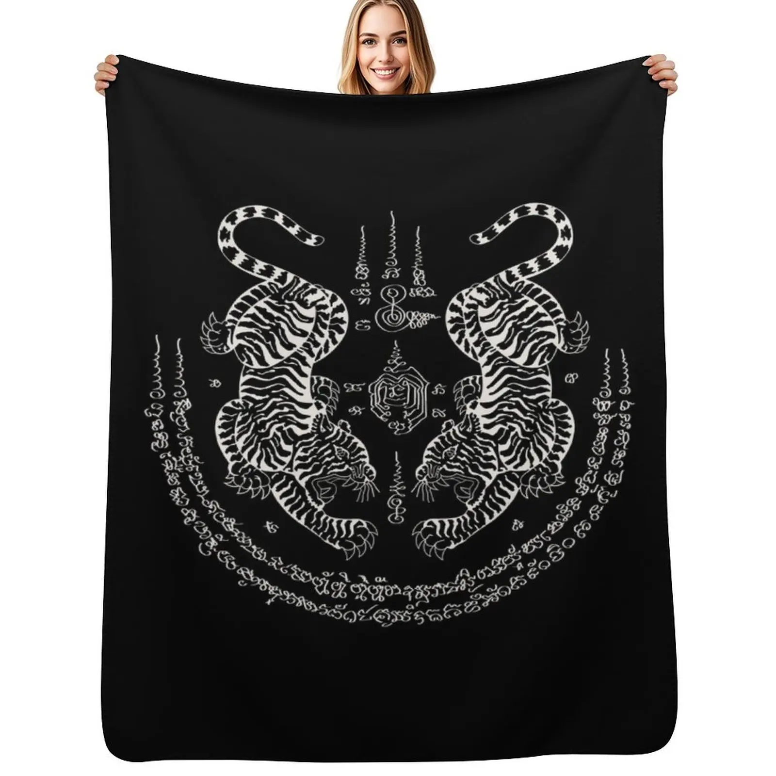 Sak Yant Thai Tattoo Twin Tiger Muay Magical Thailand Igloo White Throw Blanket warm winter Thermals For Travel Blankets