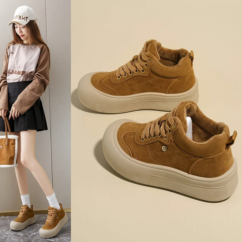 F107 Zapatos, zapatillas de deporte de algodón con forro polar, zapatos de entrenamiento cálidos y versátiles de suela gruesa y media caña, informales, de estilo alemán