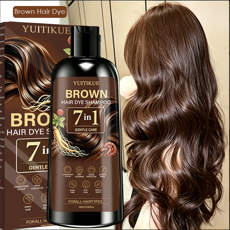 YUITIKUE 7 In 1 Brown Hair Dye Shampoo Ginseng Herbal Gentle Care Long Lasting Gray Coverage Moisturizing Hair Dye Shampoo 100ml