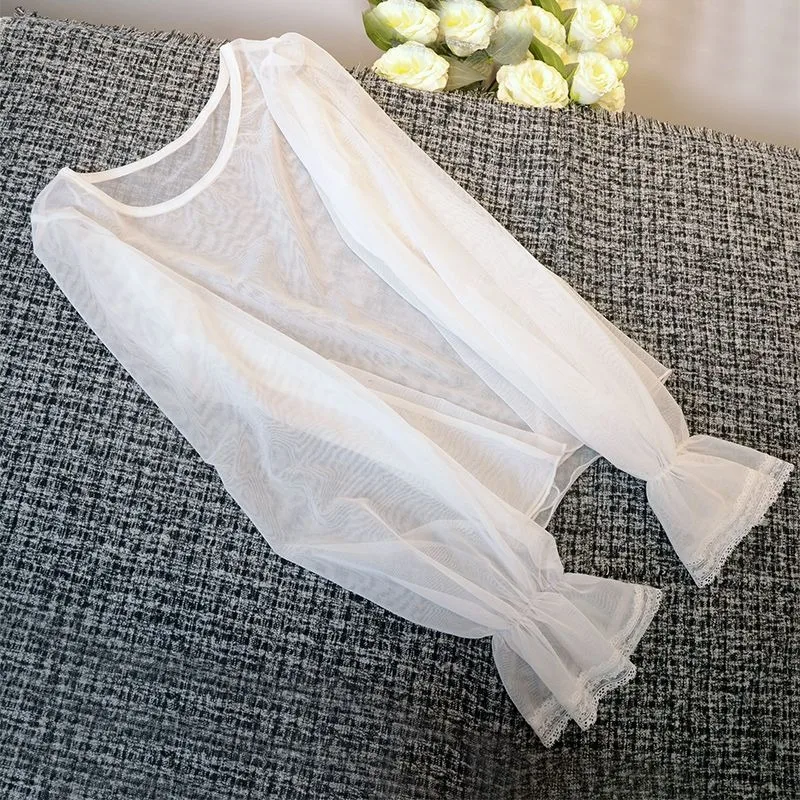 Japanese Elegant Women Mesh Long Sleeve Top Spring Sheer Lace Flare Cuff Sexy Inner Wear Blouse