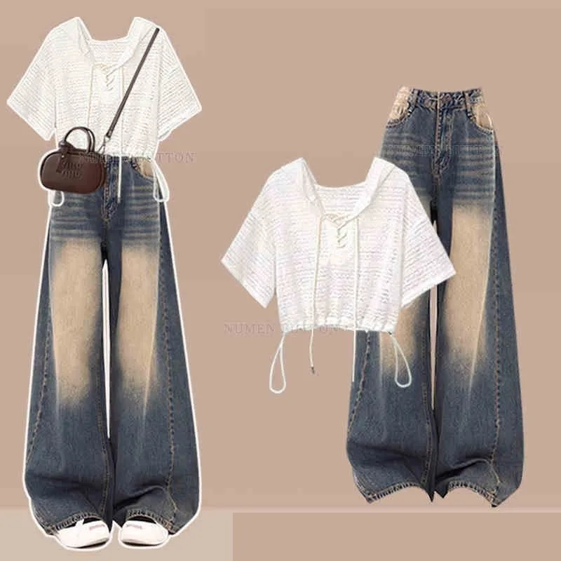 

Women's Summer New Fashion Casual Denim Pants Matching Set 2025 Korean Elegant Short Sleeve Top+Wide Leg Jeans Two Piece Suit
