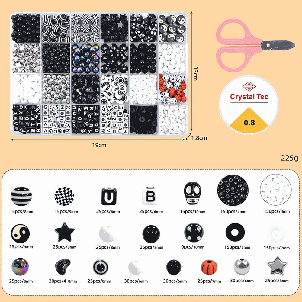 Halloween 1000 Pcs Bead Craft Kit Letters Black White Tai Chi Plastic DIY Jewelry Making Bracelets Necklace Hair Braiding Charm