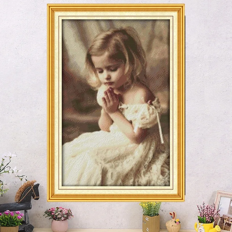 

Adorable Girl Prang Cross Stitch Oil Painting DIY Embroidery Kit European Sle Cotton Fabric Living Room Decor White Color