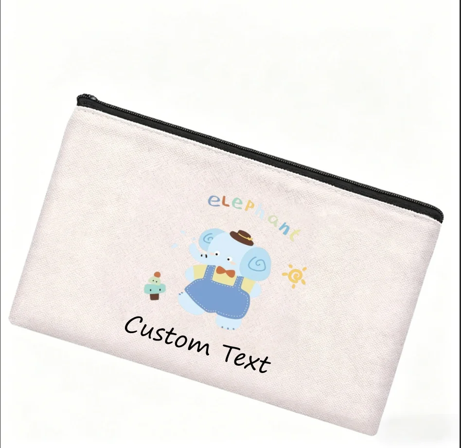 1PC Personalized Canvas Makeup Pouch Custom Text Kawaii Elephant Pattern Portable Cosmetic Stationery Storage Bag