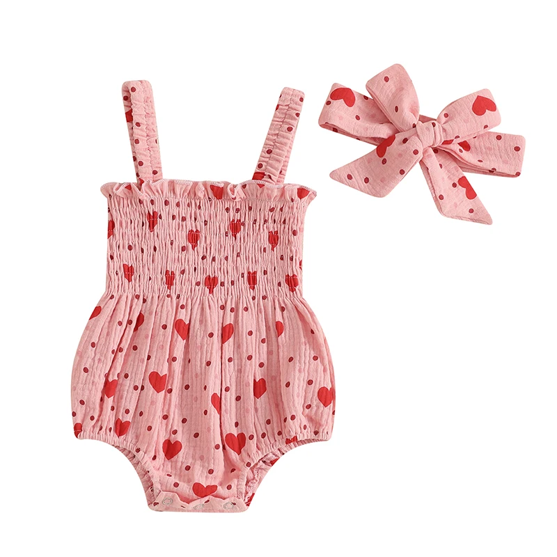 

Baby Girl 2Pcs Summer Outfits Sleeveless Heart Print Smocked Romper with Headband Set Infant Clothes