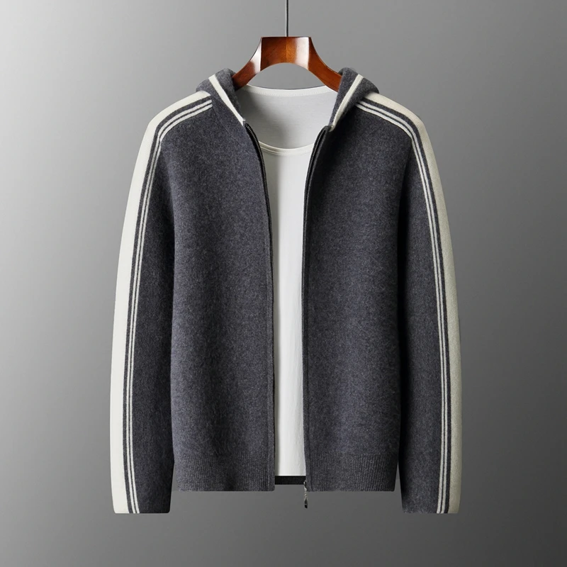 

New Product Launch: Men's Hooded Thick Knitted Sweater 100% Merino Wool Men's Zipper Cardigan Casual Loose Stripe Warm Clothing