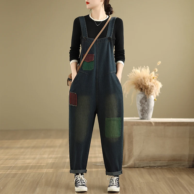 Damskie ogrodniczki dżinsowe na wiosnę i jesień, plus size, dla puszystych, modne, patchworkowe, ukrywające niedoskonałości, spodnie typu harlan, rekreacyjne, ter Dr