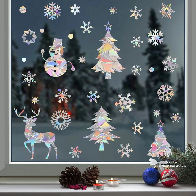 Suncatcher-pegatina de ventana de copo de nieve de Navidad, árbol de Navidad, muñeco de nieve, láser, Arco Iris, calcomanía de pared, Año Nuevo,