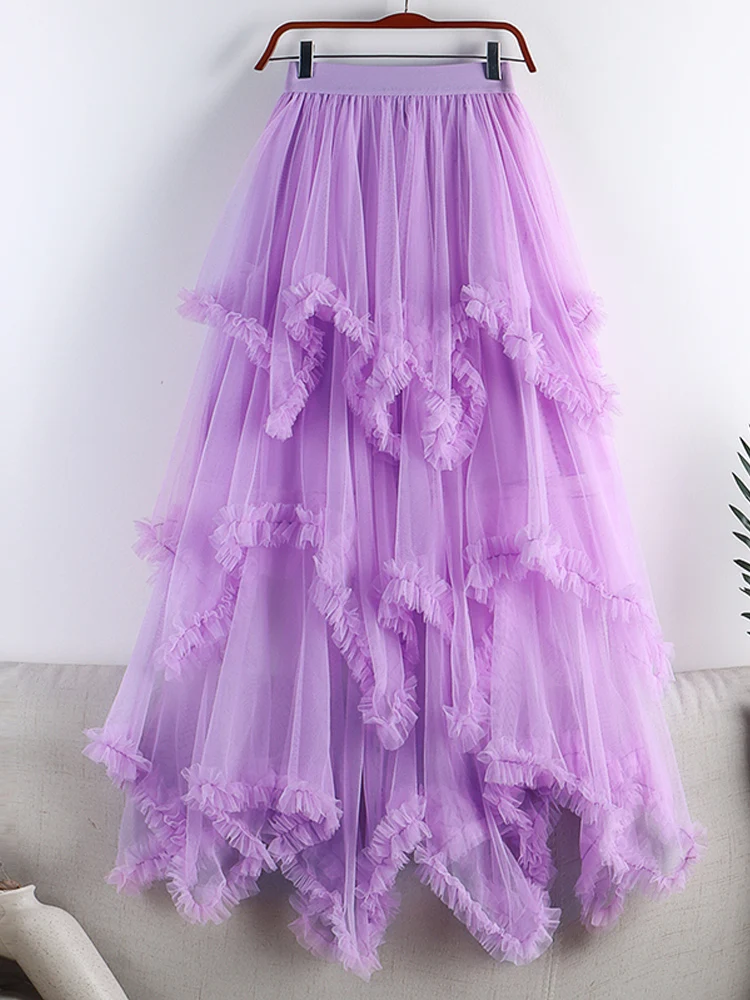 Autumn Winter New 2024 Irregular Cake Tulle Skirt Women Sweet Midi Long High Waist A Line Skirt Female Mesh Party Skirt Lady