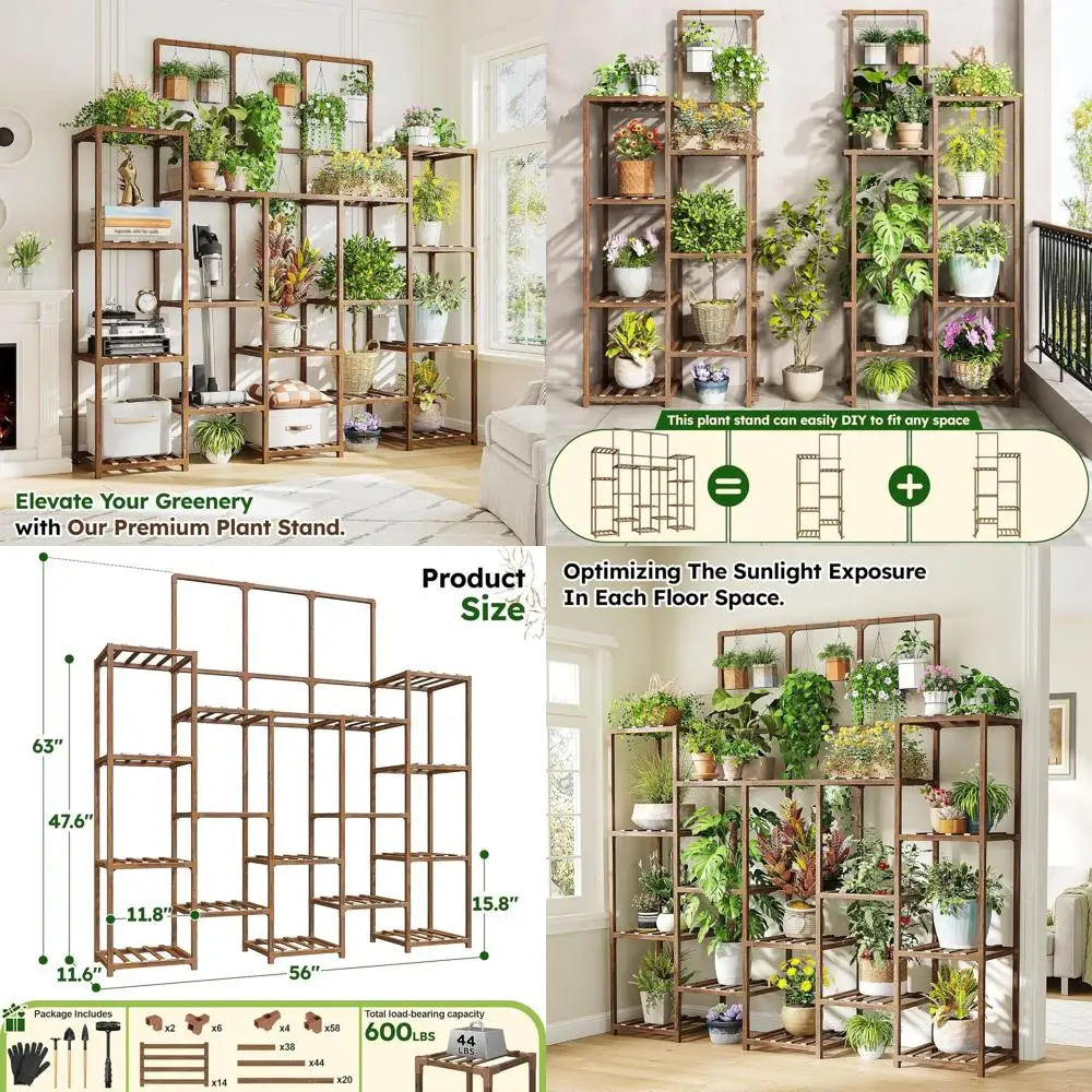 

63''H Plant Stand Indoor Tall Plant Stands Outdoor with 7 Tiers and 14 Potted Upgrade Wood Plants Shelves Stand or Living Room P