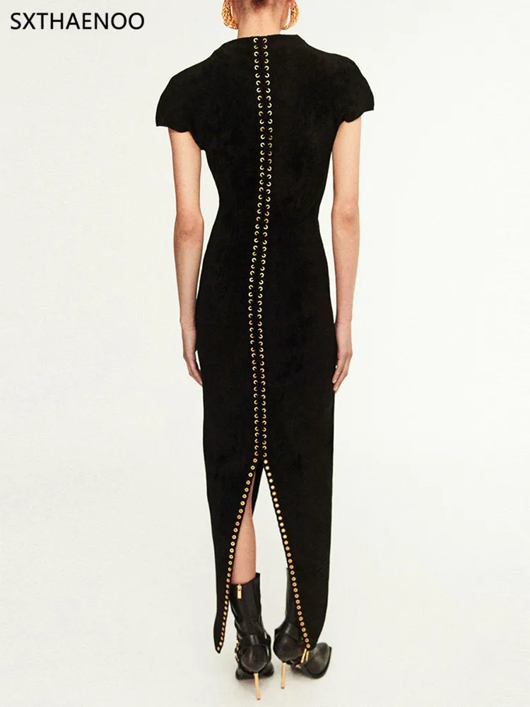 เดรสยาวแฟชั่นทรงสลิมแบบต่อผ้า สายเดี่ยว คอวี แขนสั้น ทรงทูนิค ผ่าข้าง สไตล์วินเทจ สำหรับผู้หญิง