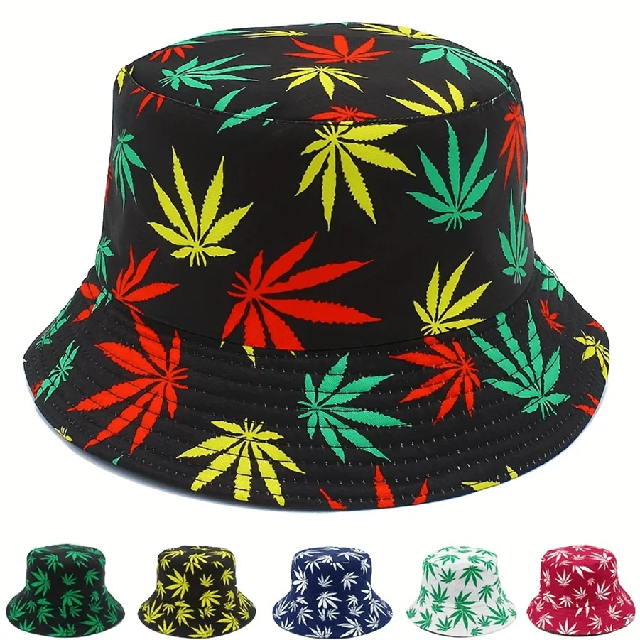 Reversible Sun Protection Elegant Stylish Maple Leaf Print Bucket Hat Perfect for Couples Beach Travel