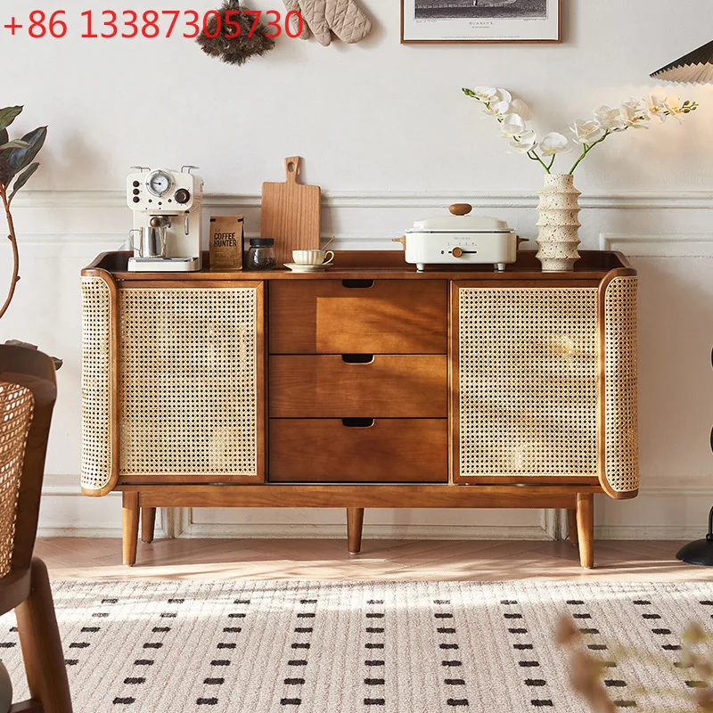 

New Chinese style solid wood rattan dining side cabinet restaurant wabi sabi wind with drawers