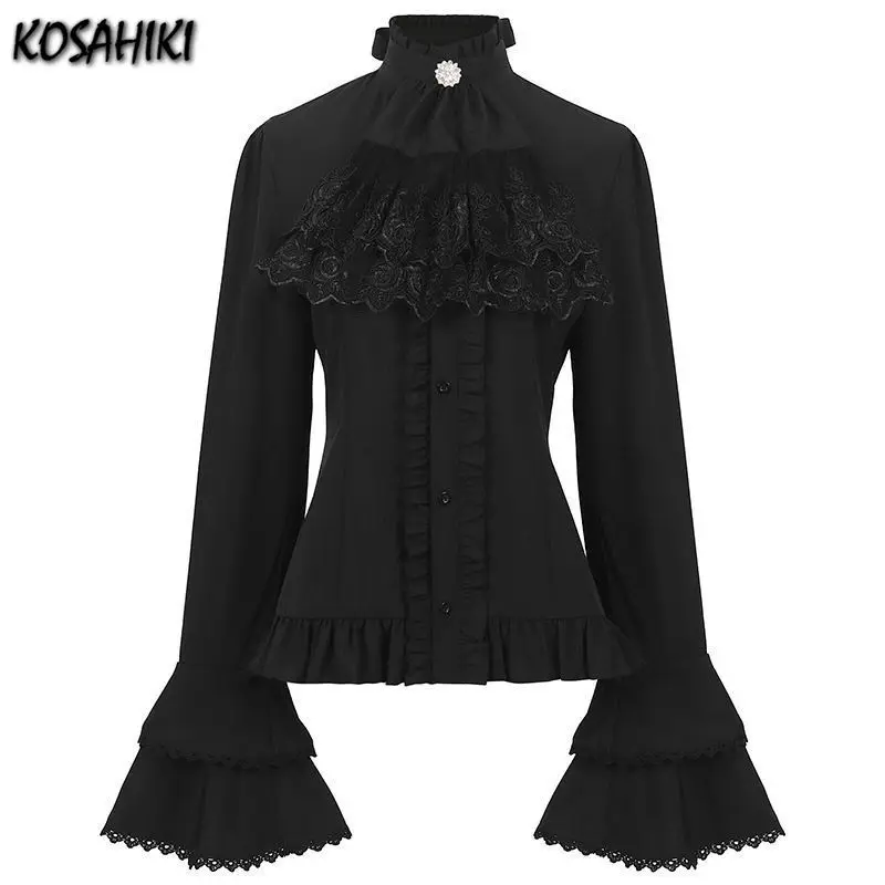 Vintage Lolita Lace Ruffle Patchwork Blouse Women Flare Sleeve Stand Neck JK Shirts Y2k Aesthetic Grunge Tops Blusas Cosplay Top