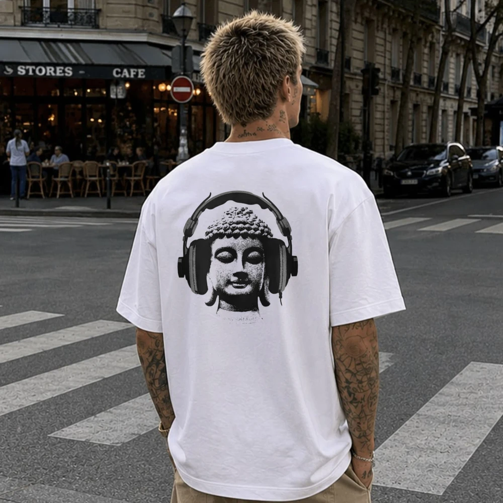 Funny  Men's Tee Buddha with Headphones Graphic T-Shirt Men Back Print Cotton Short Sleeve Zen Music Lover Casual Streetwear Tee