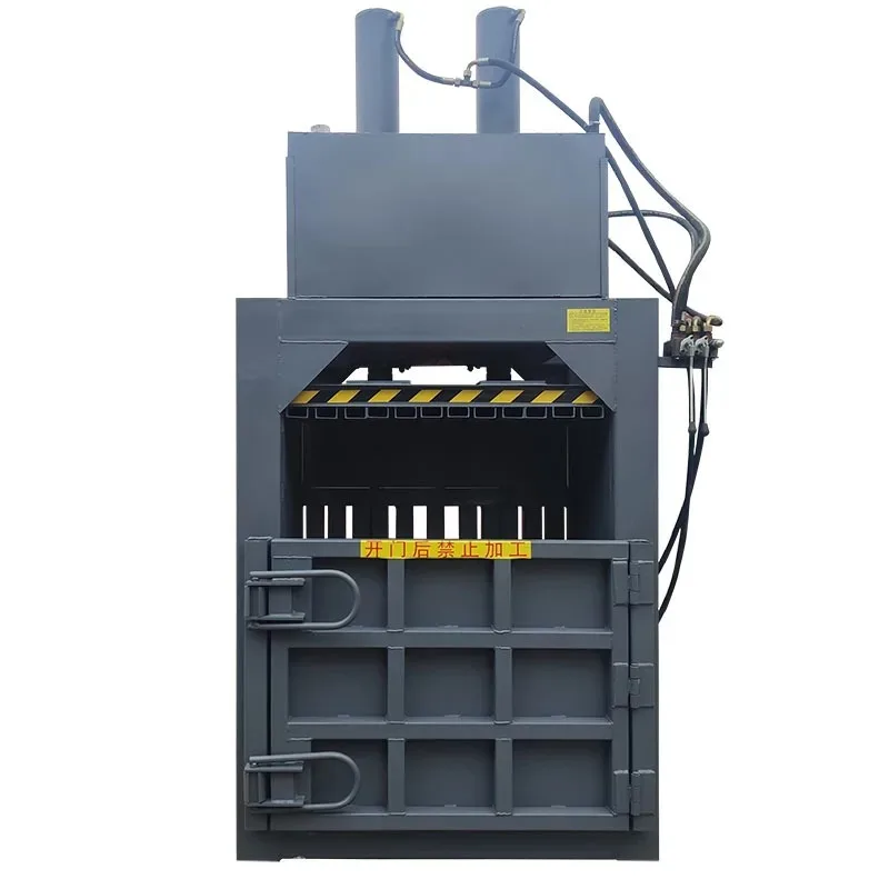 Beverage bottle woven bags, waste carton compression, binding, and baling machine