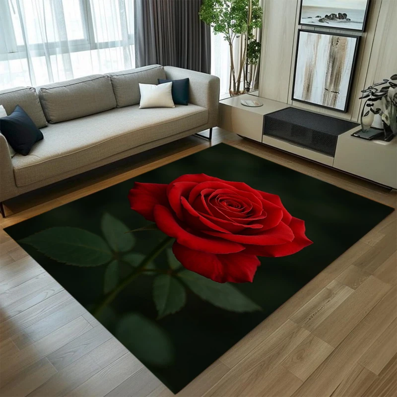 Realistic Rose Flower Area Rug Carpet Mat Home Decoration Red Rose Bloom Pattern Non Slip Floor Rug for Living Room Home Rug