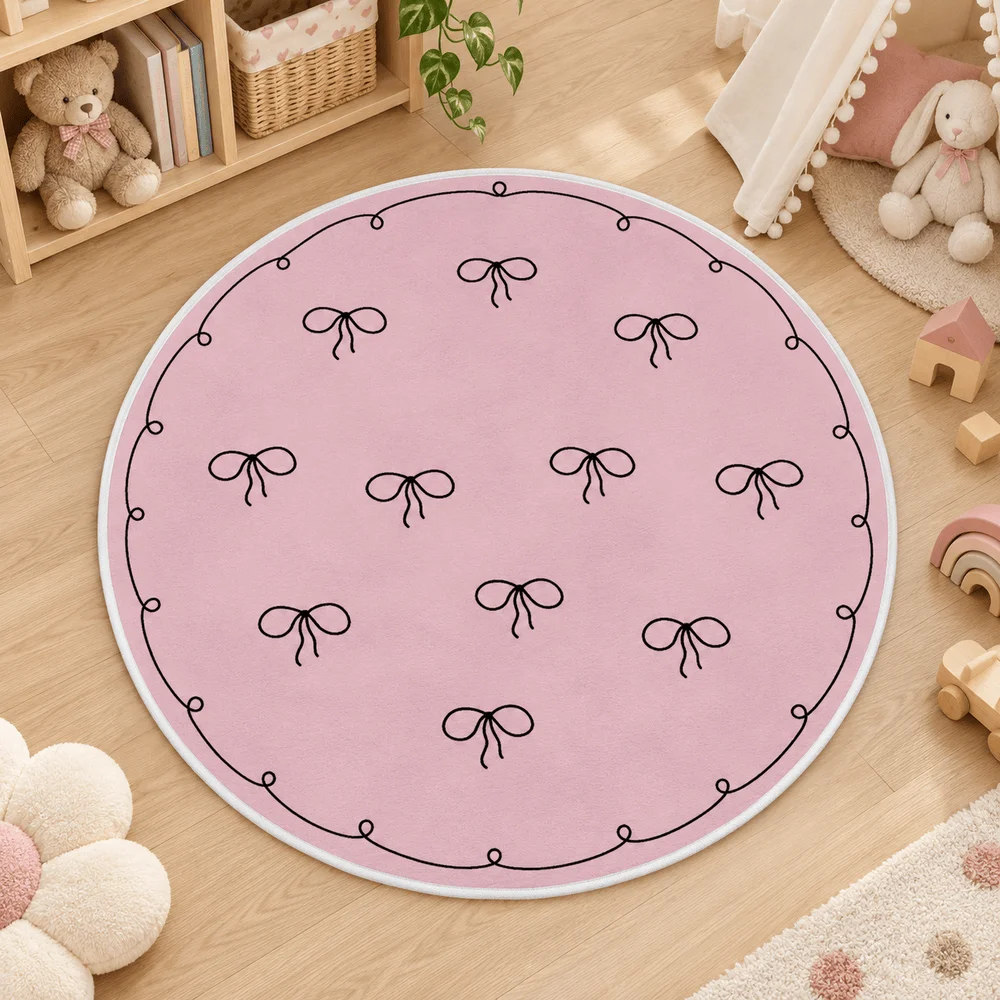 Pink Bow Round Area Rug, Cute Ribbon Pattern Floor Mat With White Edge For Girls Bedroom, Nursery, Playroom And Vanity Decor