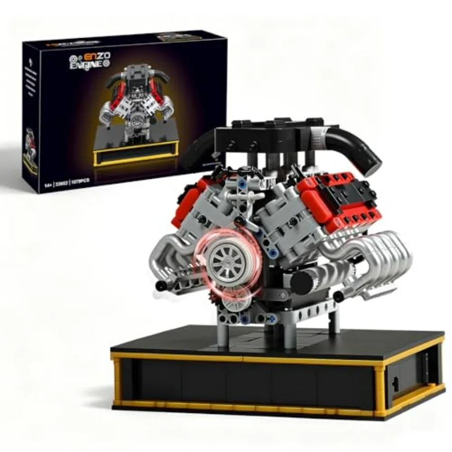 

V8 Engine Building Set 1079PCS Mini V8 Model Engine Kit with Battery and Motor for Adults Age 14+ Red Metal-Plated Engine Model
