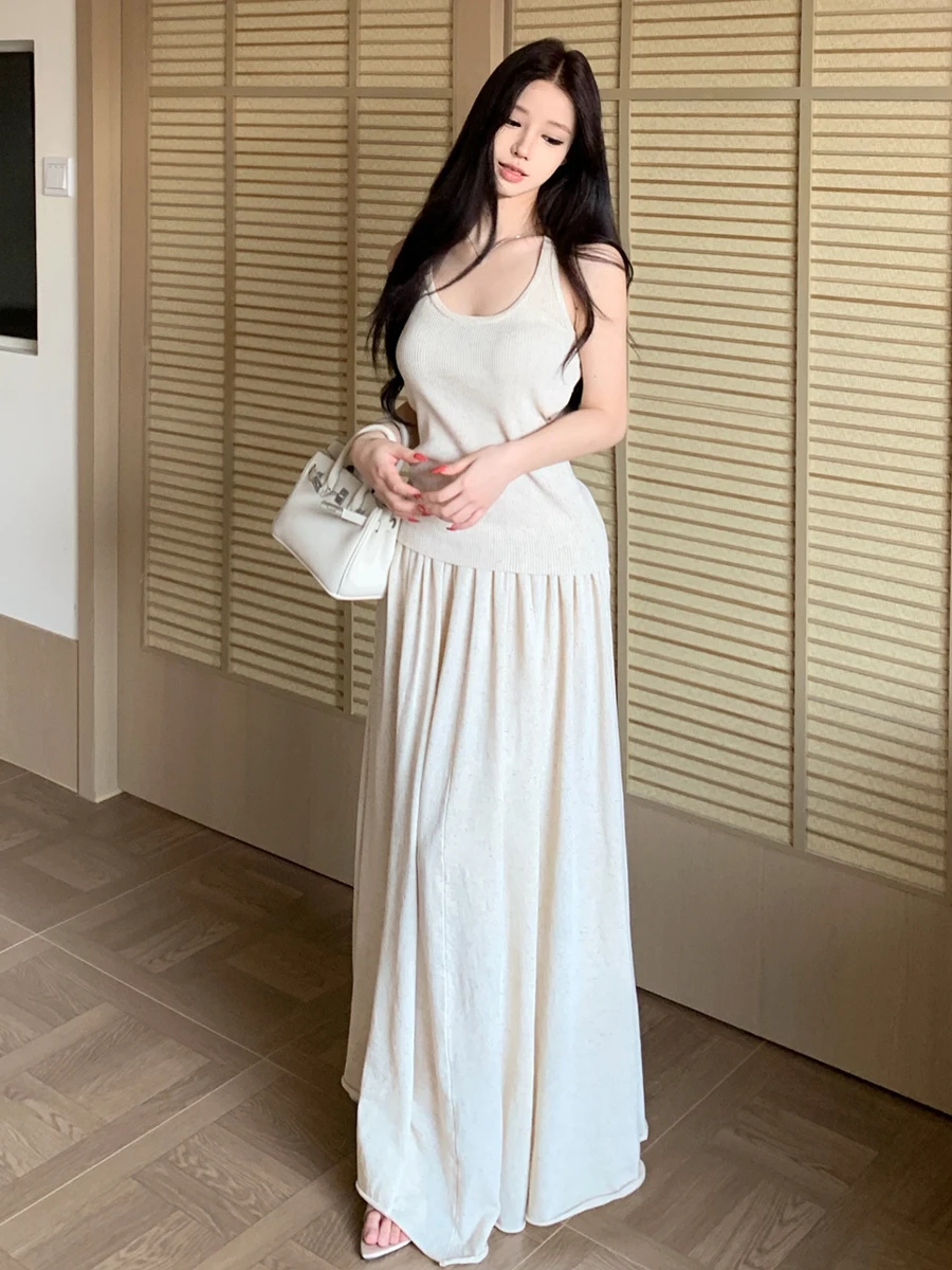 

Pure Desire Style Versatile Knitted Tube Top And Long Skirt Set Casual Slim Fit round Neckline Sleeveless Summer Outfit