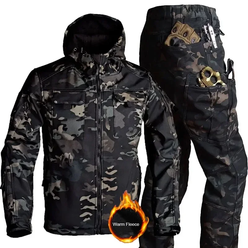 Outdoor SoftShell Tactical Set Men Shark Skin Waterproof Jacket Multi-pocket Wear-resisting Pant Fleece Windproof Warm Camo Sets