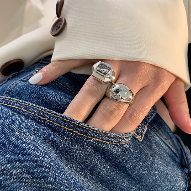 Anillos abiertos de piedra de arco grande Irregular para mujer, Color plateado, Simple estilo Retro, joyería fina hecha a mano, bisutería de cumpleaños